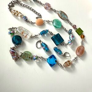 Premier Designs Art Glass Necklace & Earrings Set Multicolor Statement Vintage